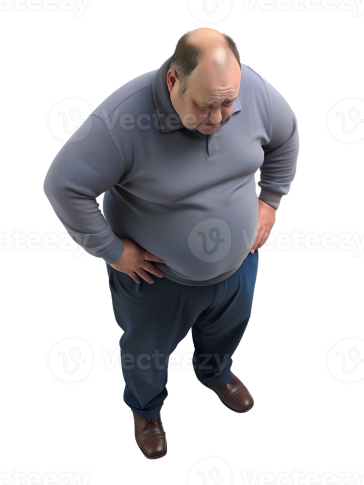 3d rendering style of A fat man is standing with his hands on her hips. He is looking down at the floor, looking distressed, He looks serious, isometric, isolated on a transparent background png