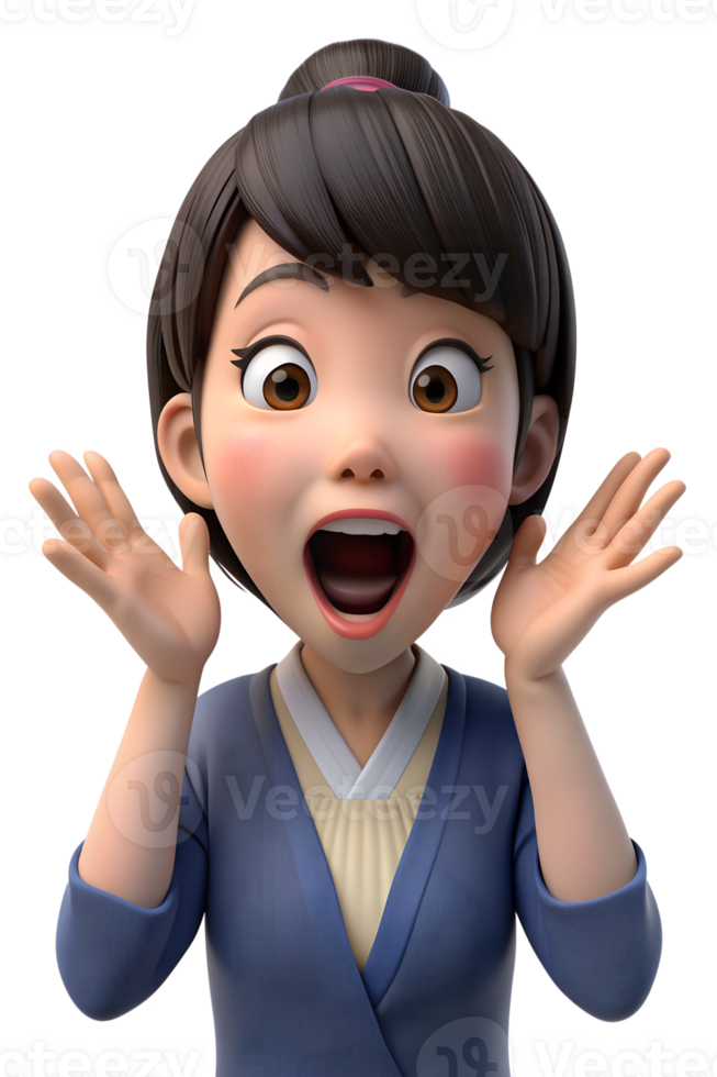 3D animated character, a young girl with brown hair and large, expressive eyes, making a surprised or shocked facial expression png