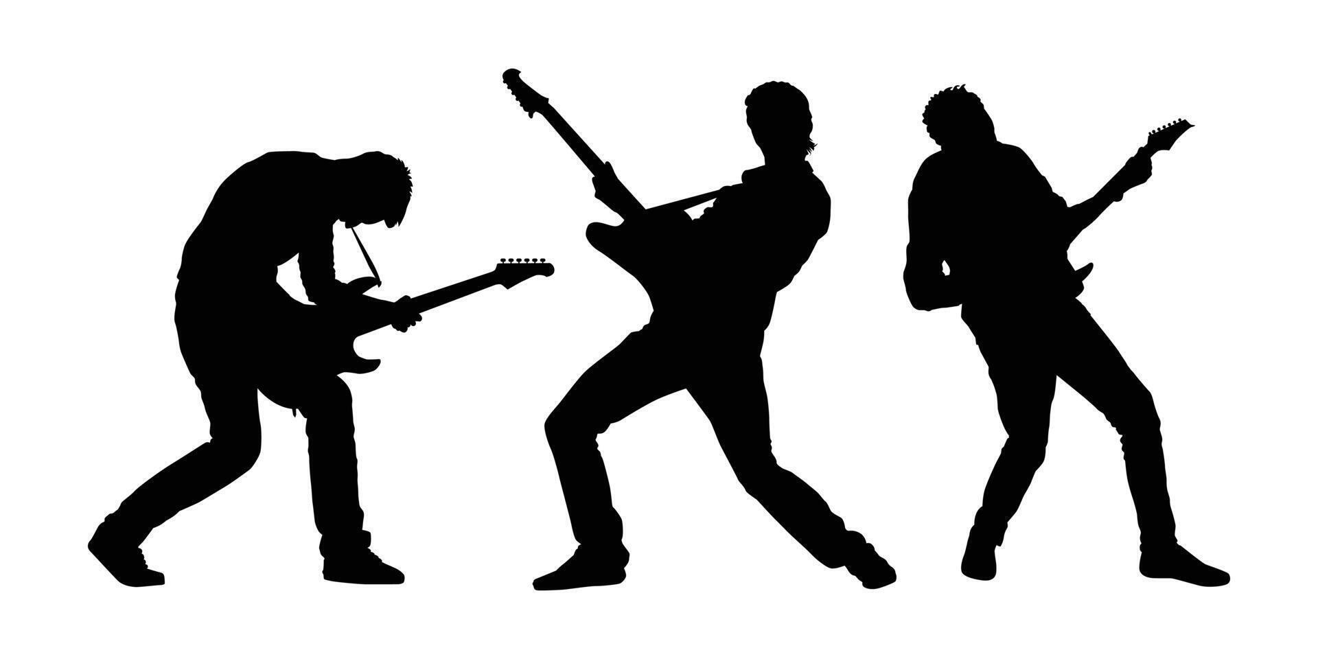 Three men playing electric guitar illustration. Rock genre music, isolated on white background. vector