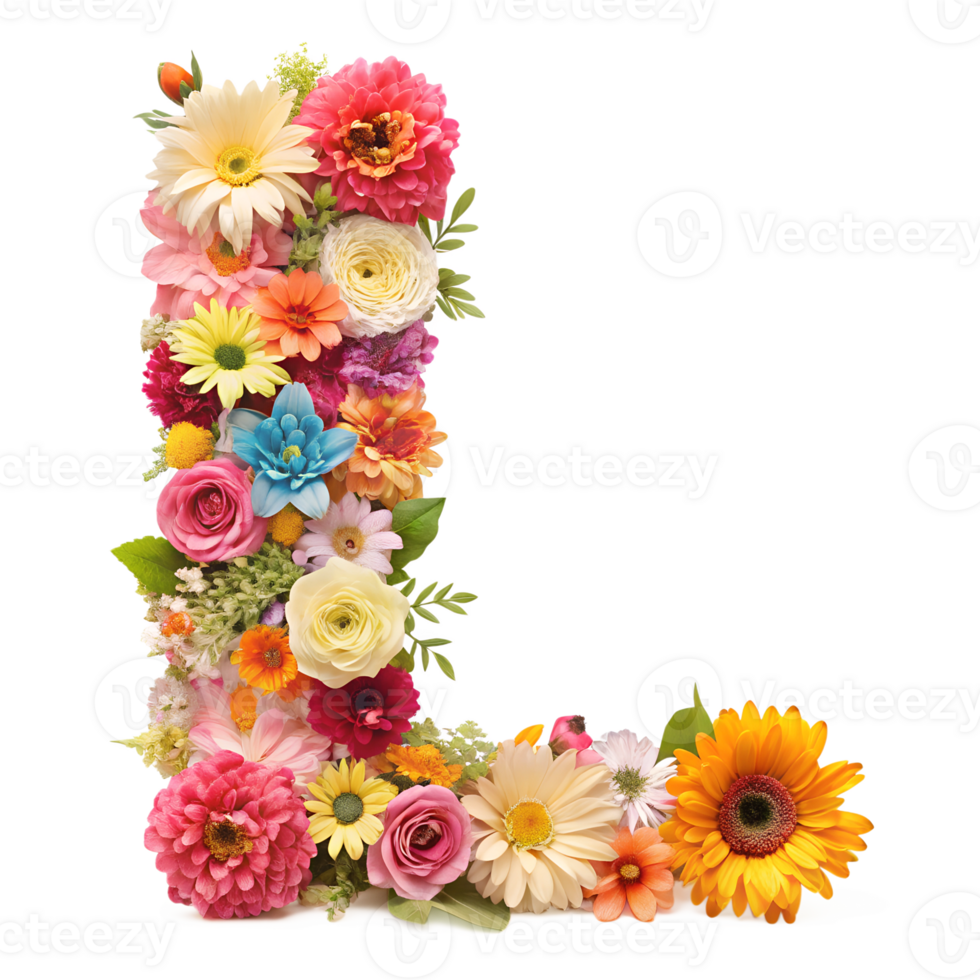 Stringing beautiful flowers together to form the English letter L, isolated on transparent background png