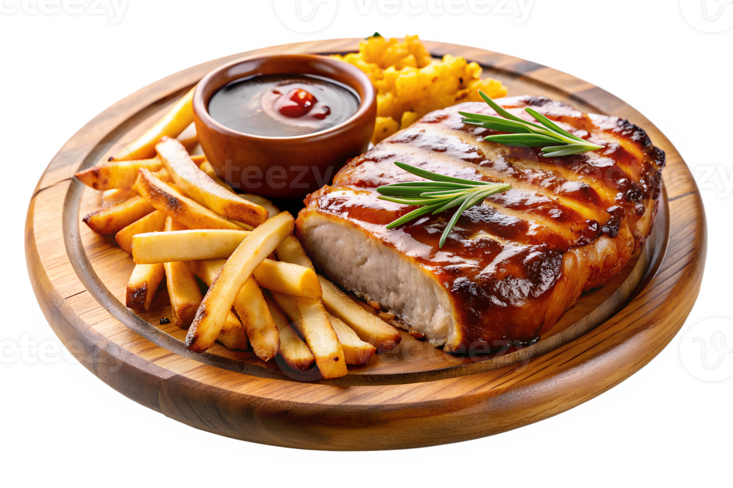 Pork loin in BBQ sauce with French fries and sauces on a round wood plate. transparent background png