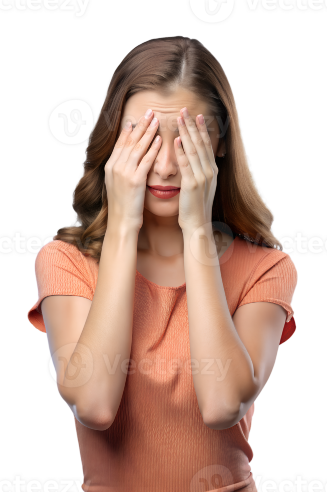 Young woman In an orange t-shirt, covering her eyes isolated on a transparent background png