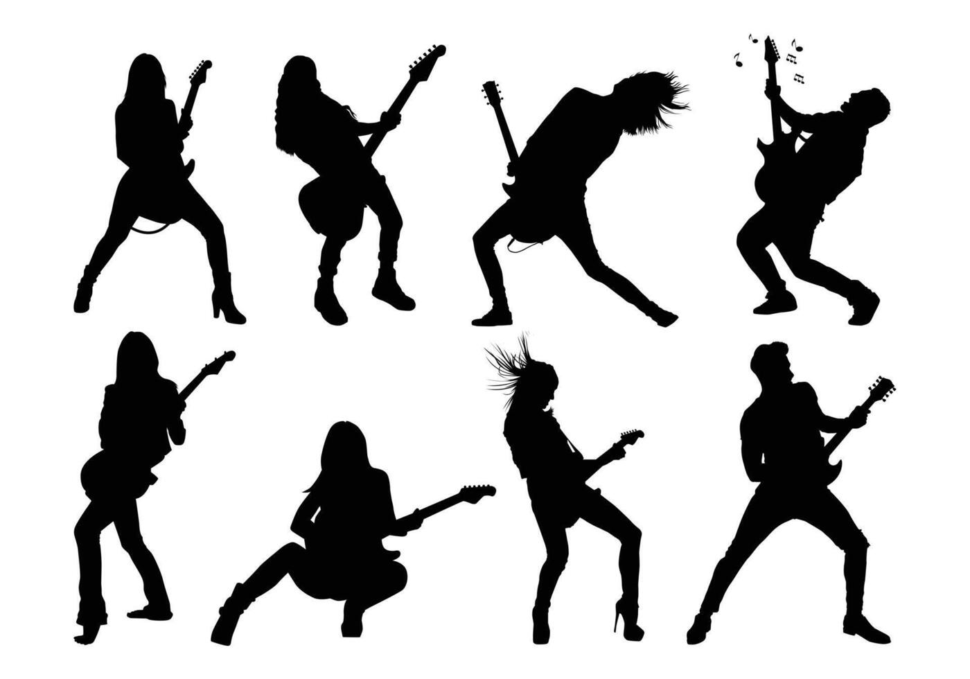 Playing rock guitar electric silhouette illustration. Electric guitar player Isolated object on white background. vector