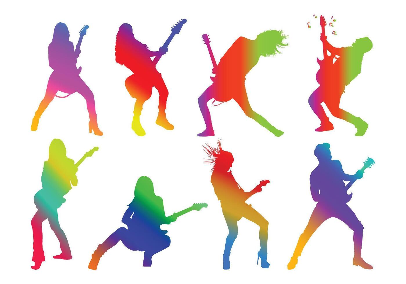 Playing rock guitar multi color illustration for design elements. Color silhouette. vector