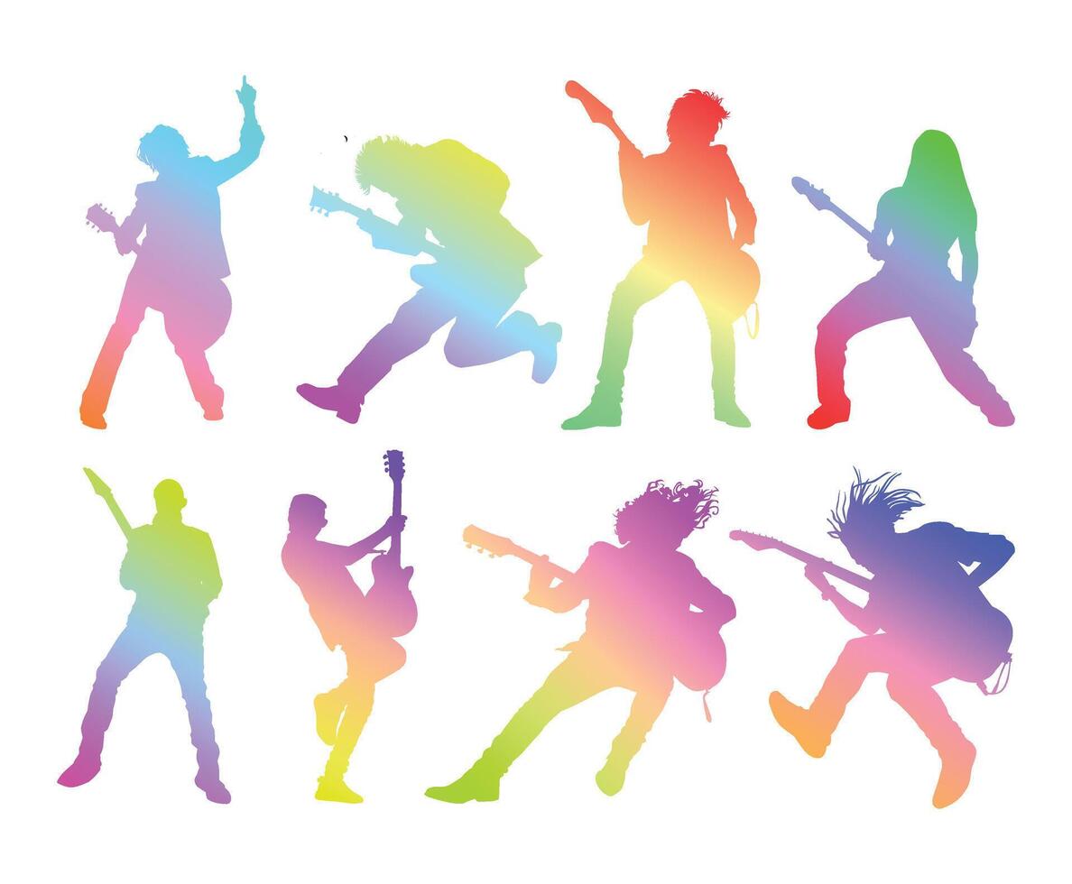 Men playing electric guitar rock genre music in multi color silhouette style for background design. vector