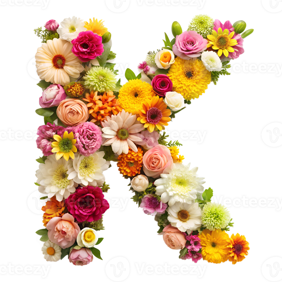 Stringing beautiful flowers together to form the English letter K, isolated on transparent background png