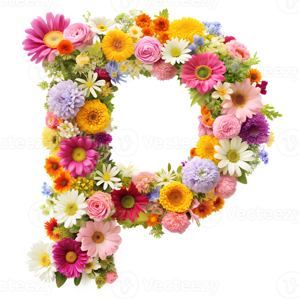 Stringing beautiful flowers together to form the English letter P, isolated on transparent background png