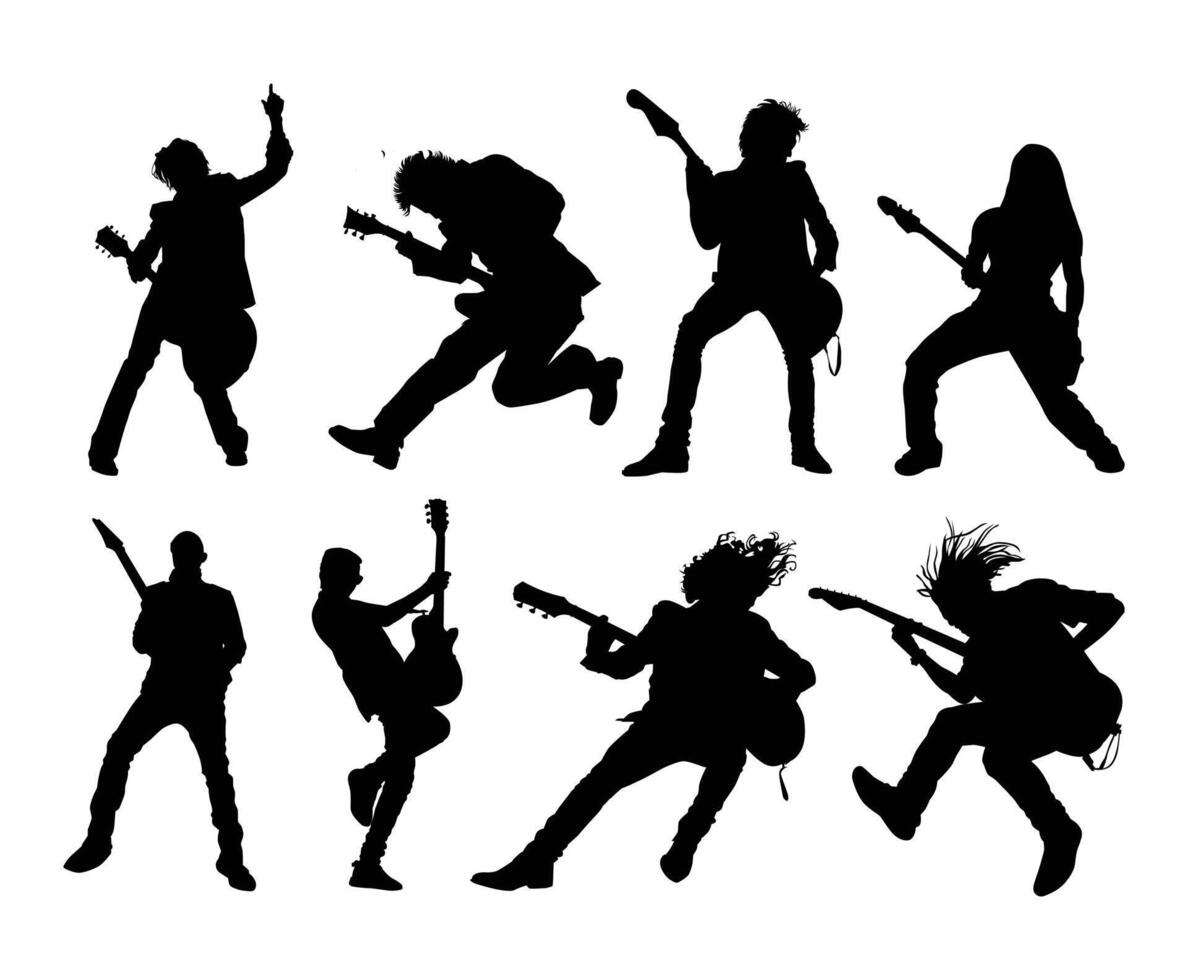 A series of men playing rock guitar silhouette illustration for design elements. vector