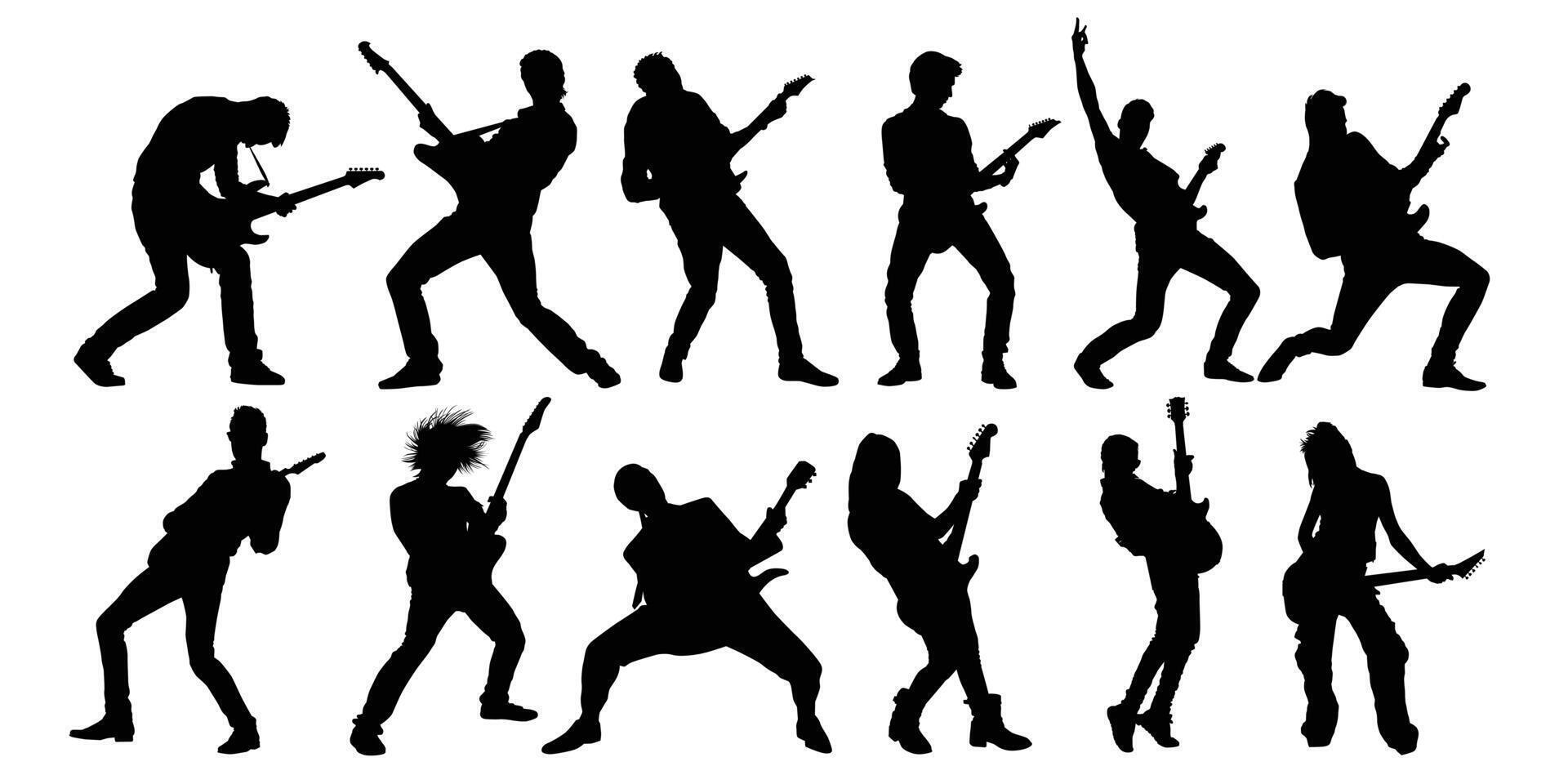 Playing rock guitar electric silhouette illustration. Isolated object on white background. vector
