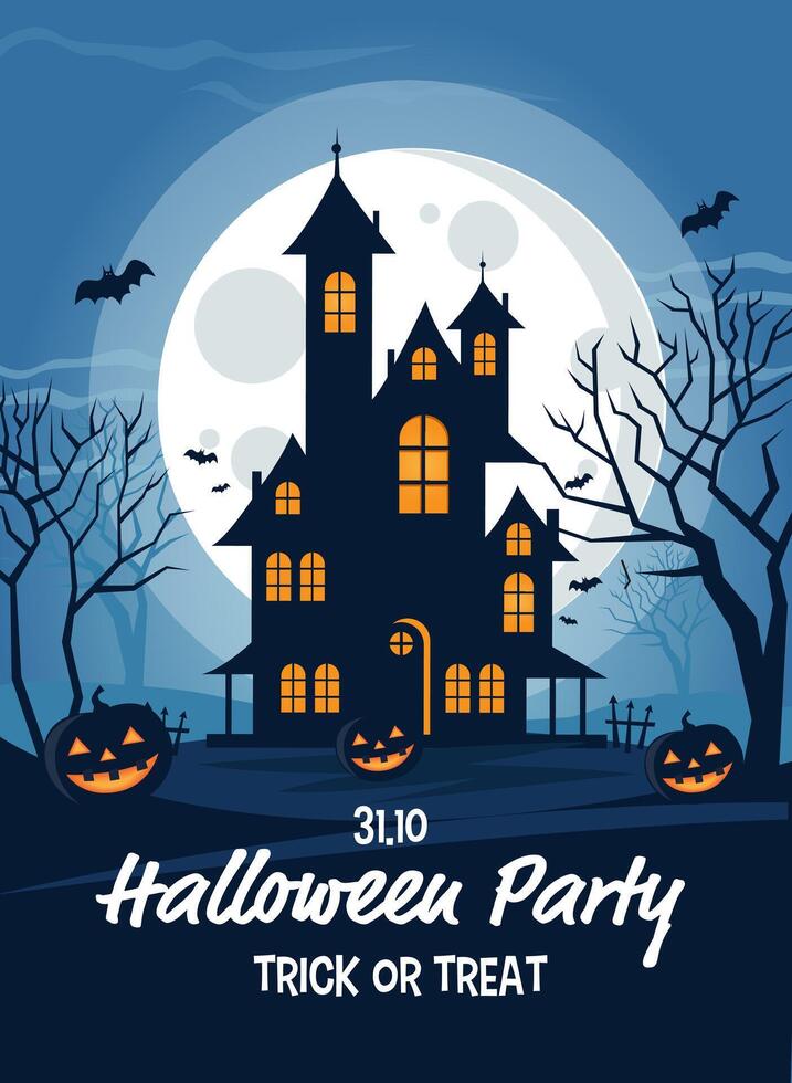 Halloween party flyer with pumpkins and haunted house design template vector
