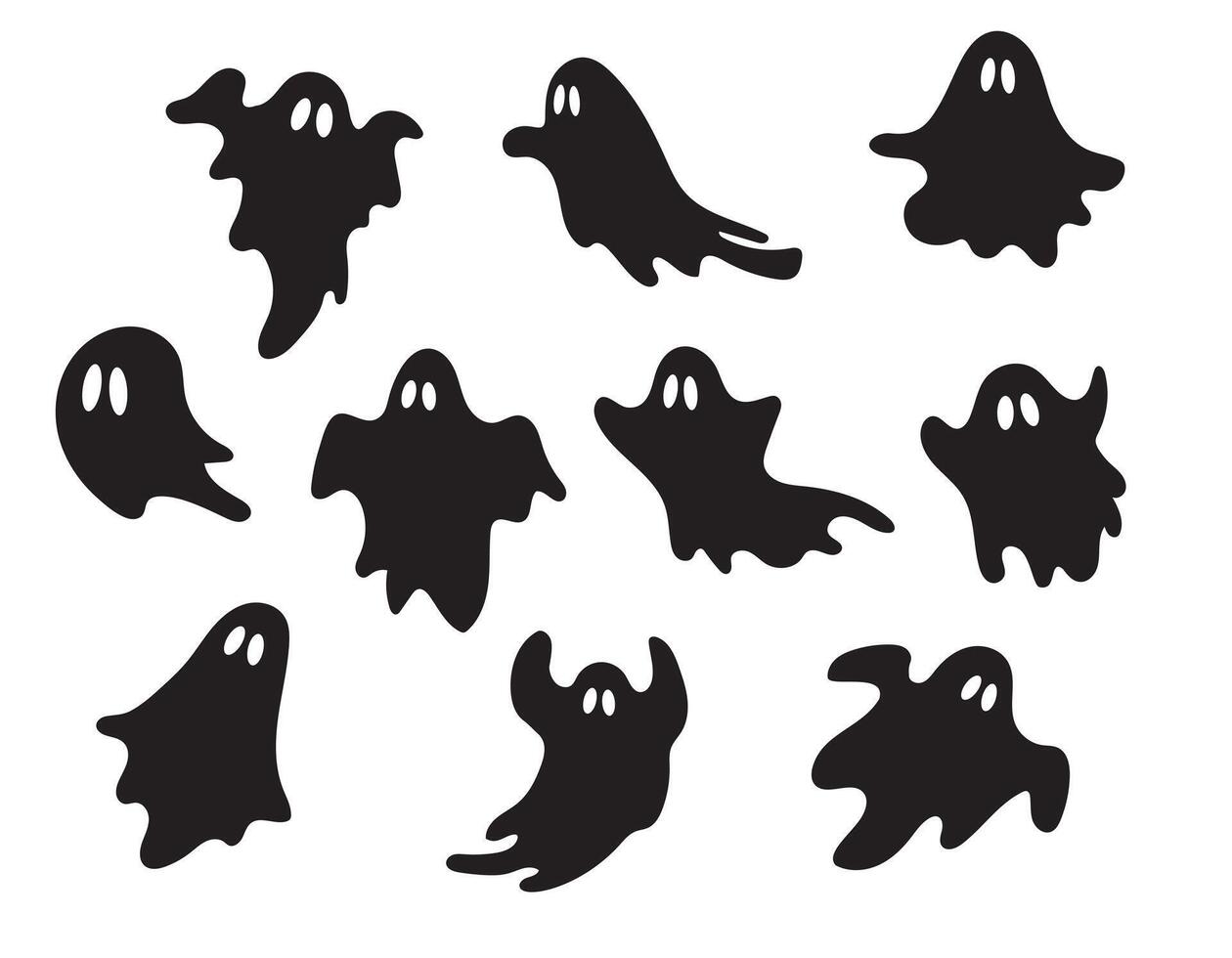 Black halloween funny spooky ghost silhouettes illustration isolated on white background vector