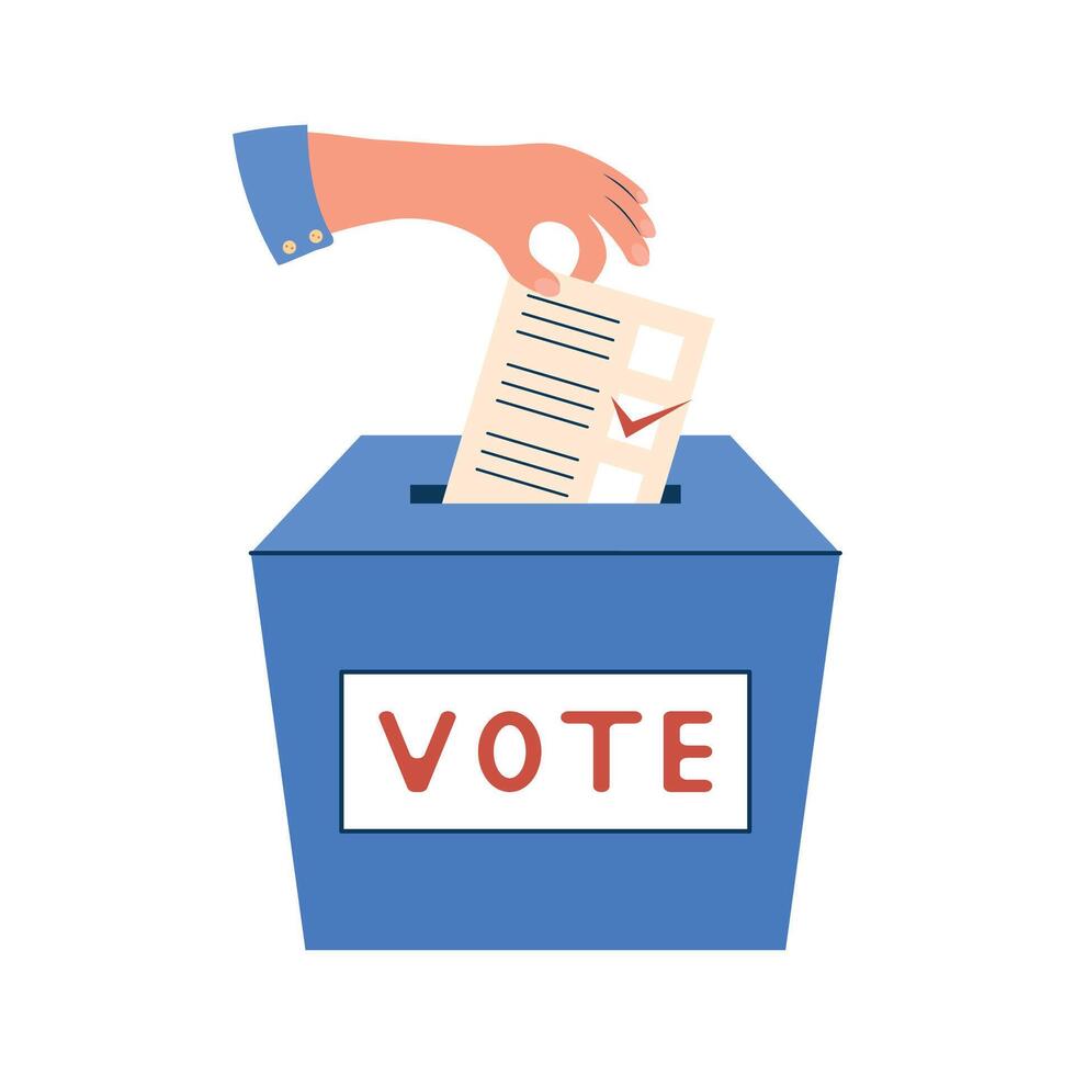 Vote 2024. Hand drops ballot paper into ballot box. Element for election themed design. Isolated illustration. vector
