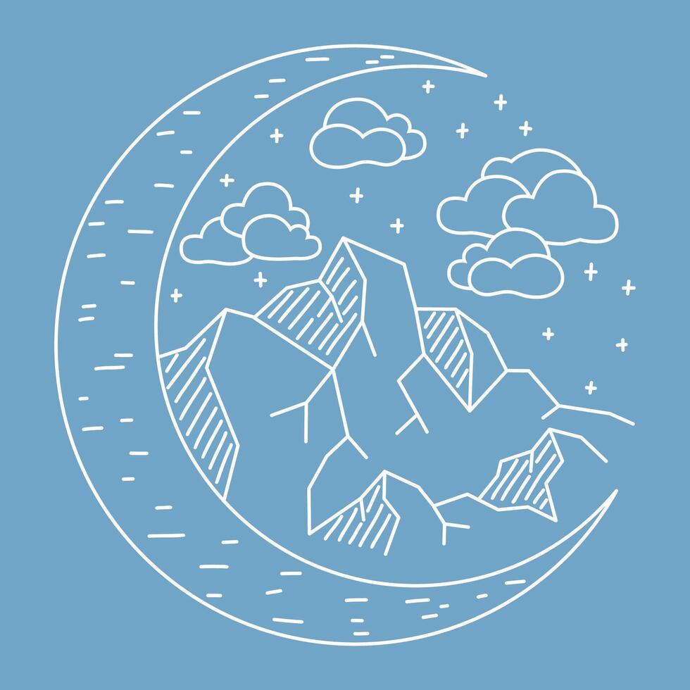 Mountain and moon patch in line art style. For printing on mugs and T-shirts. white outline on blue background. Nature and travel concept. illustration. vector