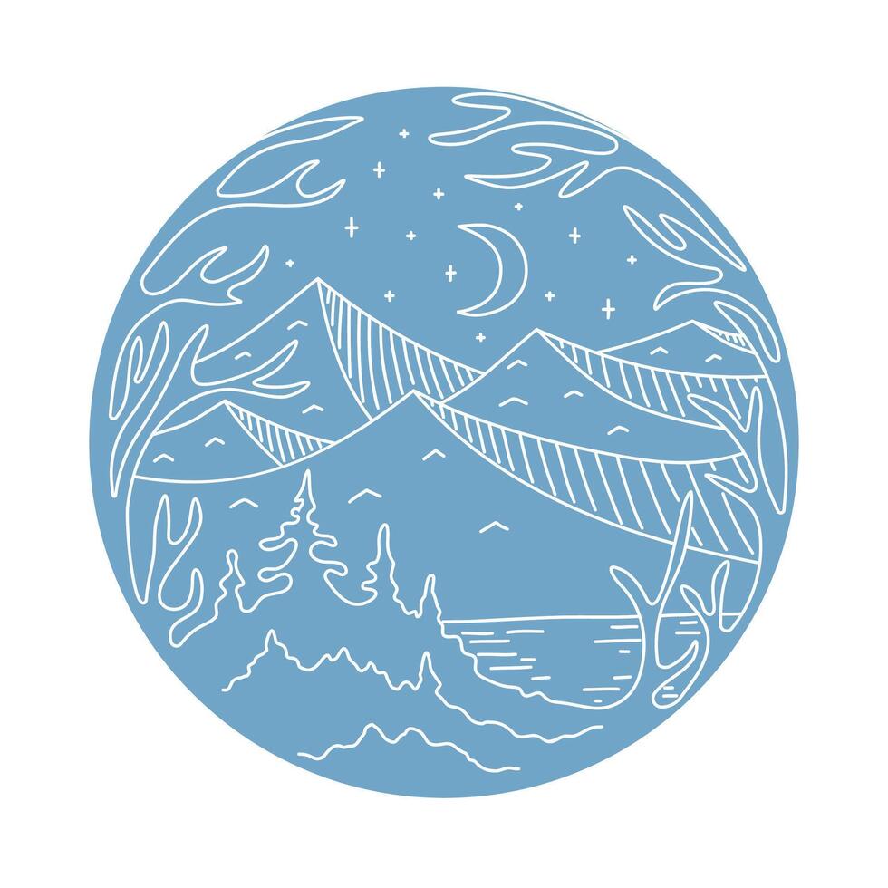 Mountains patch in line art style. For printing on mugs and T-shirts. white outline on blue background. Nature and travel concept. illustration. vector