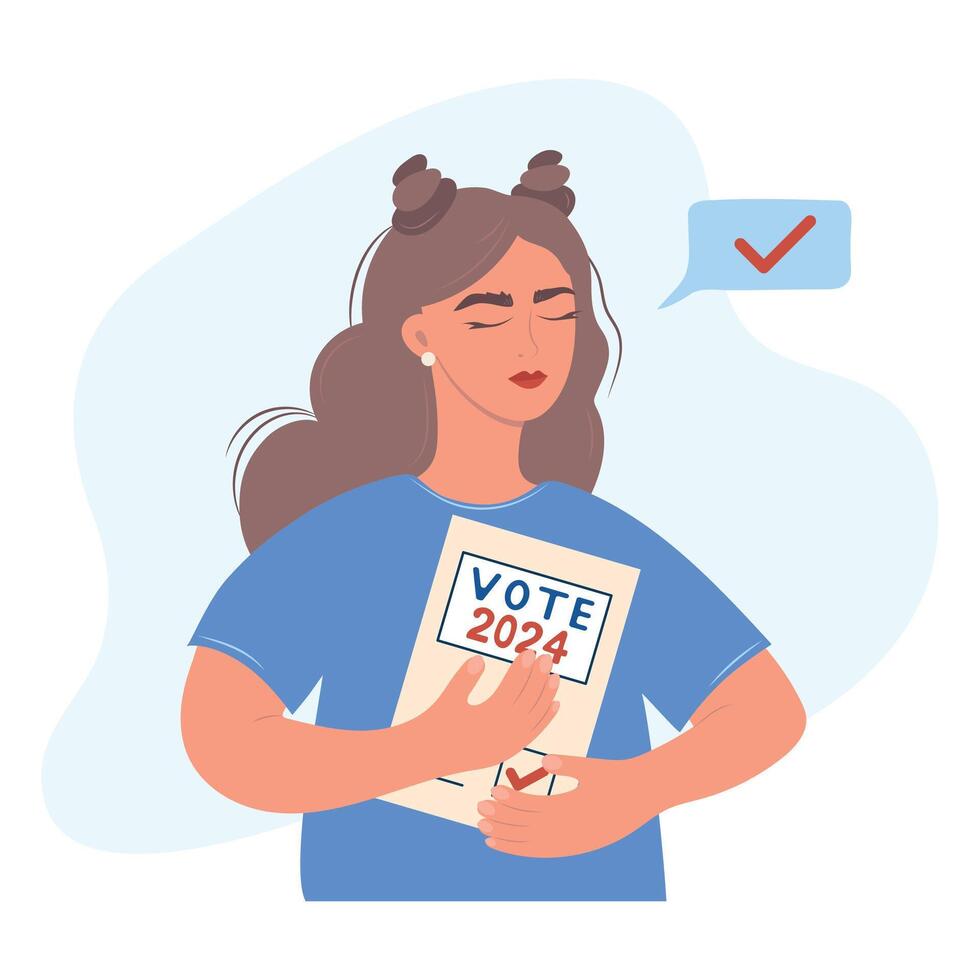 Vote 2024. Girl hugging Vote ballot. People voting. Element for election design. Isolated illustration. vector
