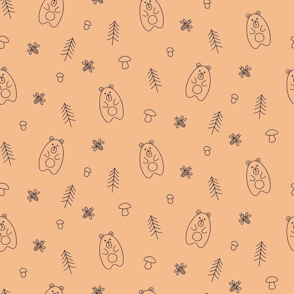 Seamless Doodle Style Pattern Bear in the forest on beige Background. Hand drawn. For textiles, clothes, backgrounds, postcards. Travel, hiking and camping concept. illustration. vector