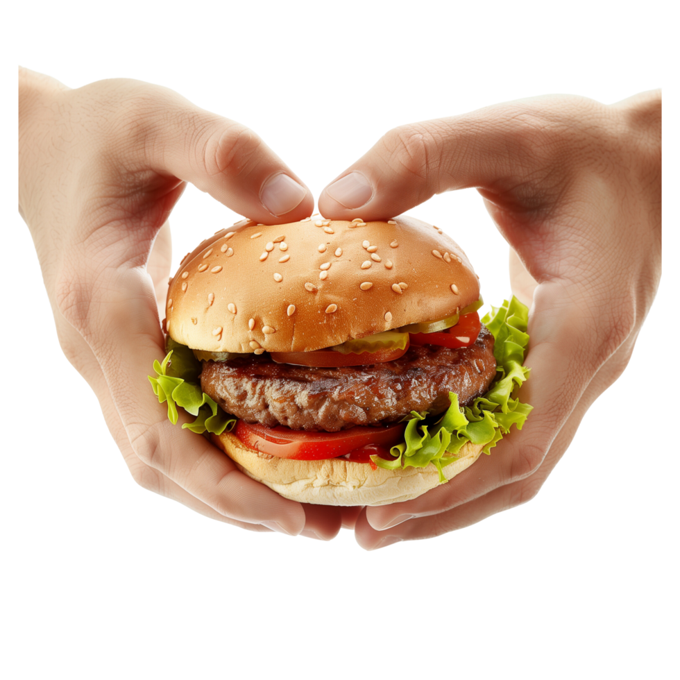 A hand holding hamburger isolated on a transparent background png