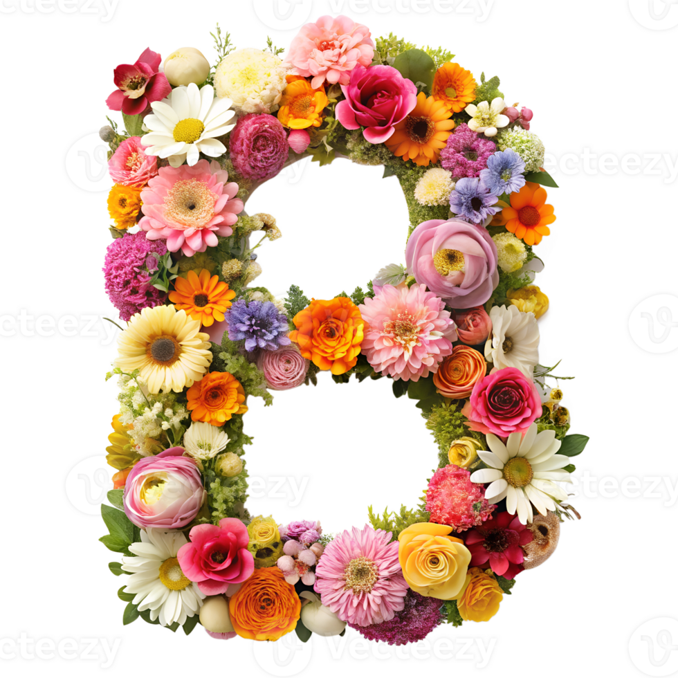 Stringing beautiful flowers together to form the English letter B, isolated on transparent background png