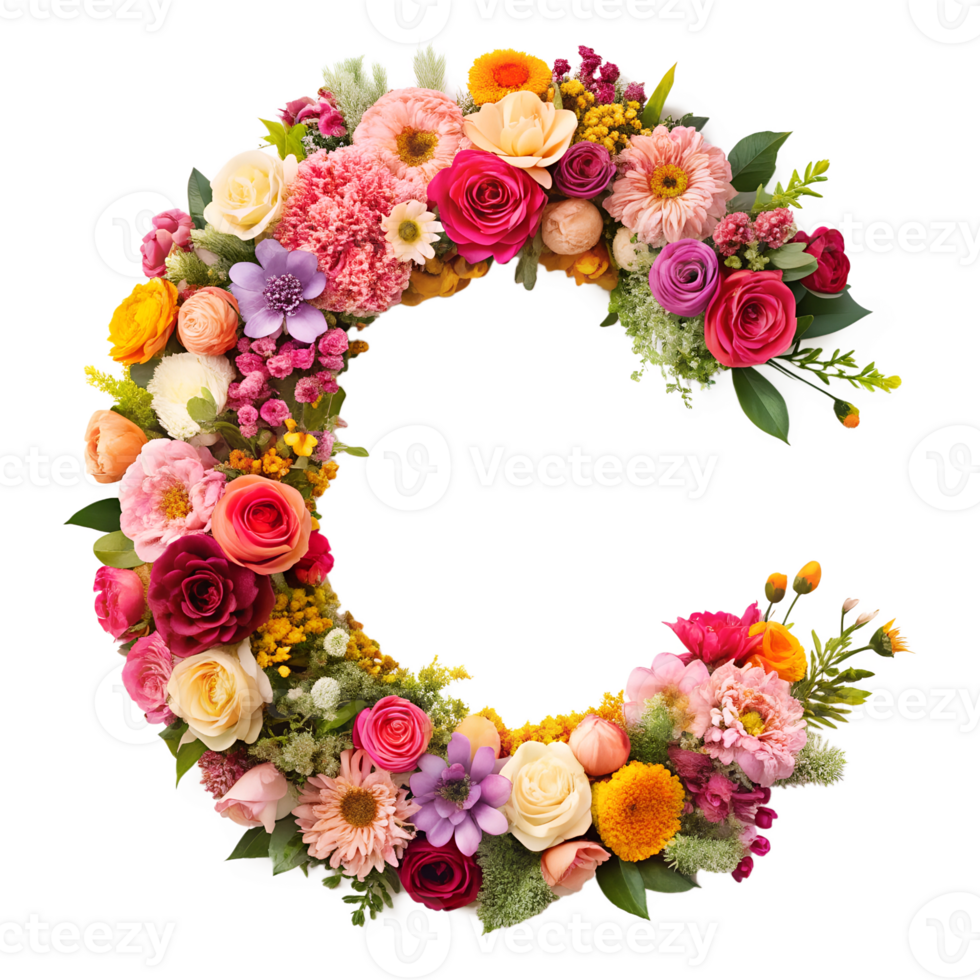 Stringing beautiful flowers together to form the English letter C, isolated on transparent background png