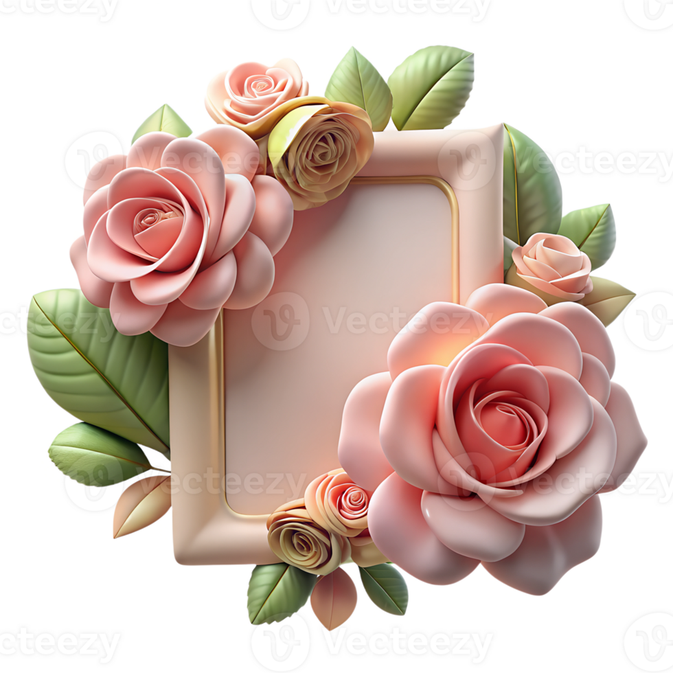 3d rendering style, a collection of pink and red roses in various stages of bloom, accompanied by a gold-bordered card with a rose design png