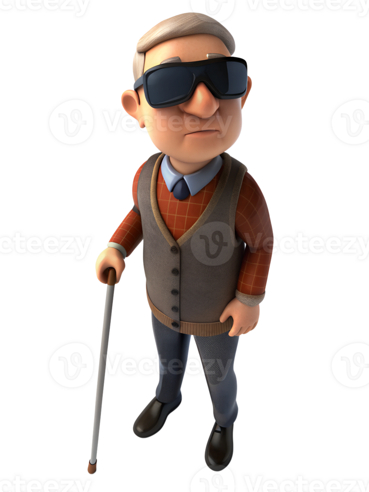 3d rendering style of A blind man wearing dark glasses is walking with a cane in his hand, Looking up, isolated on transparent background png