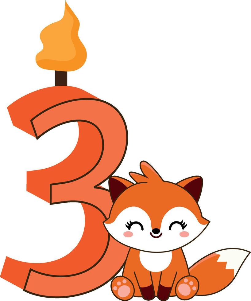 cute fox birthday candle with number 3 vector