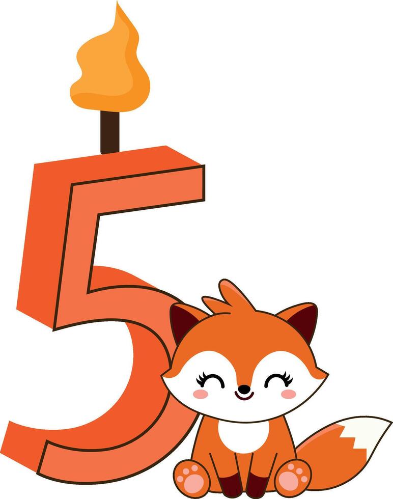 cute fox birthday candle with number 5 vector