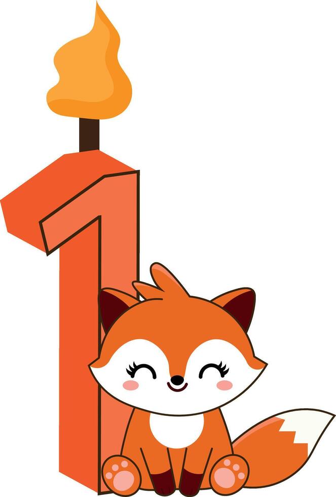cute fox birthday candle with number 1 vector