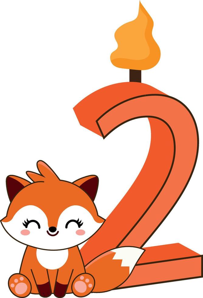 cute fox birthday candle with number 2 vector