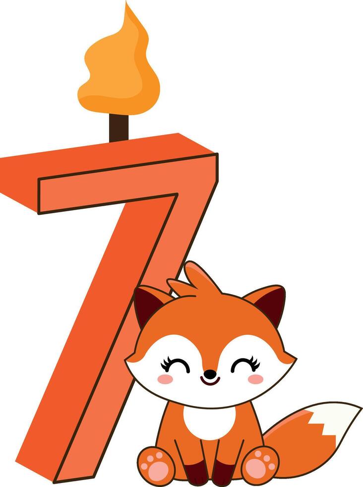 cute fox birthday candle with number 7 vector