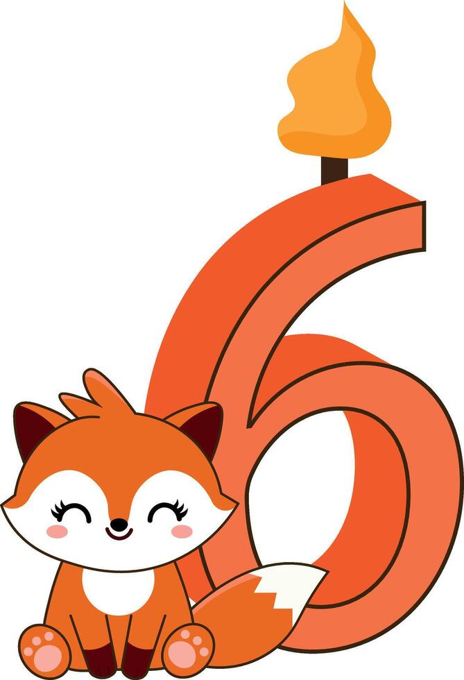 cute fox birthday candle with number 6 vector
