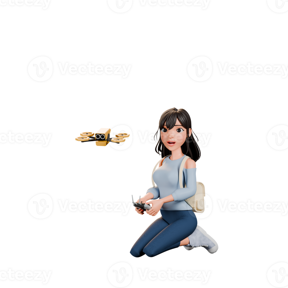 3D Render of a Girl Operating a Drone png