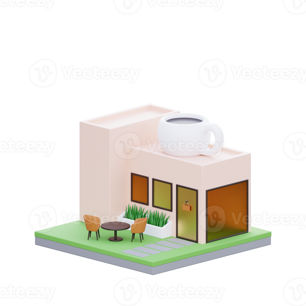 3D Rendered Building with Coffee Cup Roof and Outdoor Seating png