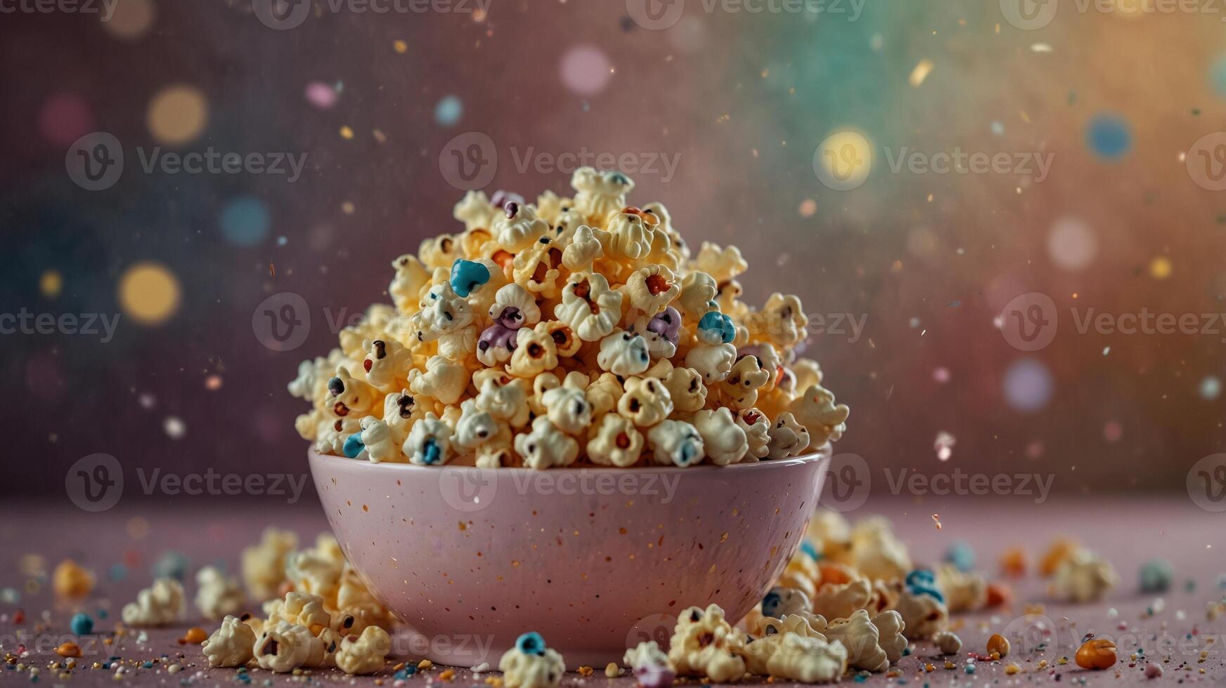 Colorful popcorn with confetti on a pastel background. photo