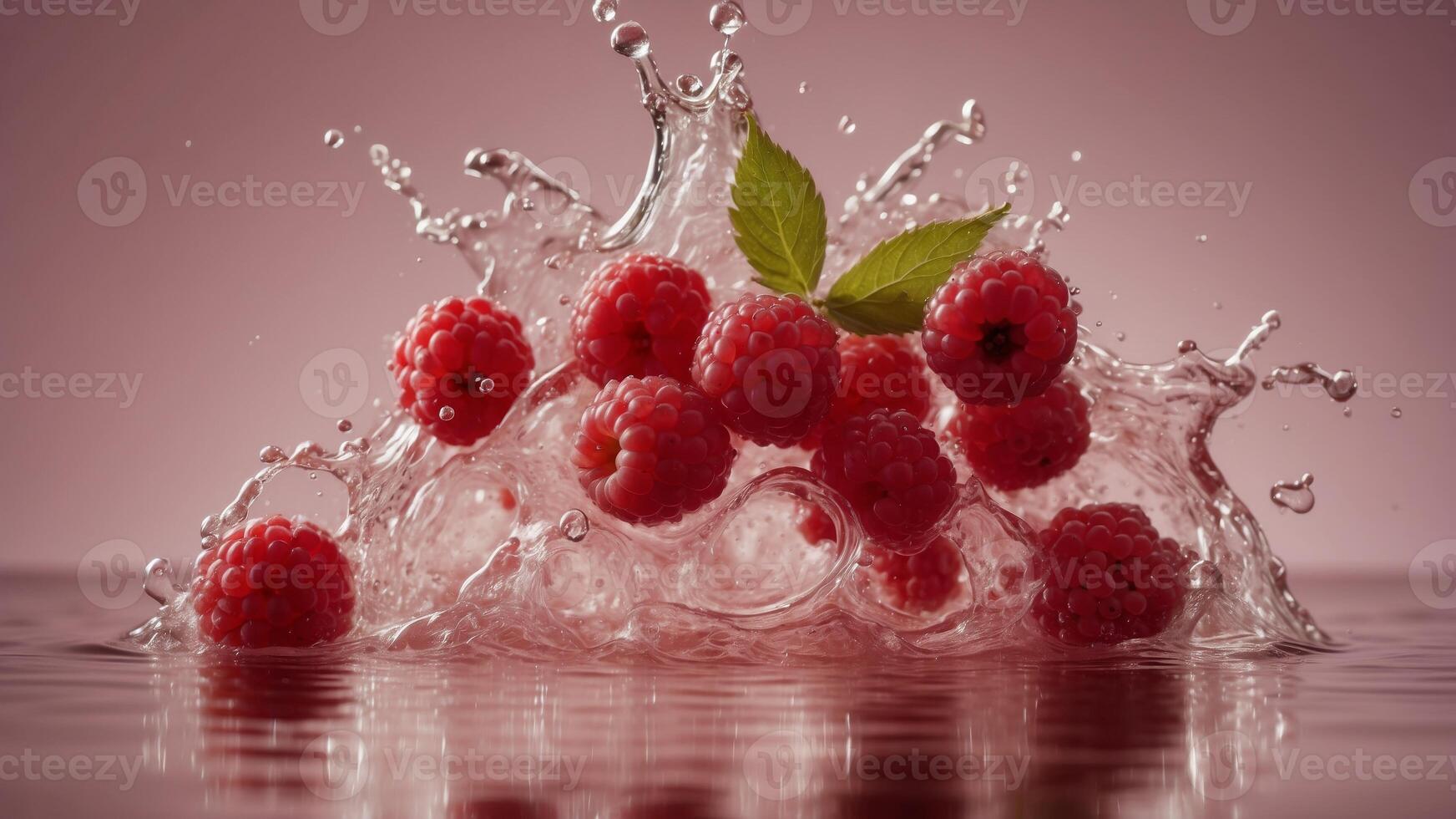 Dynamic splash of red berries in water on a pink background. photo