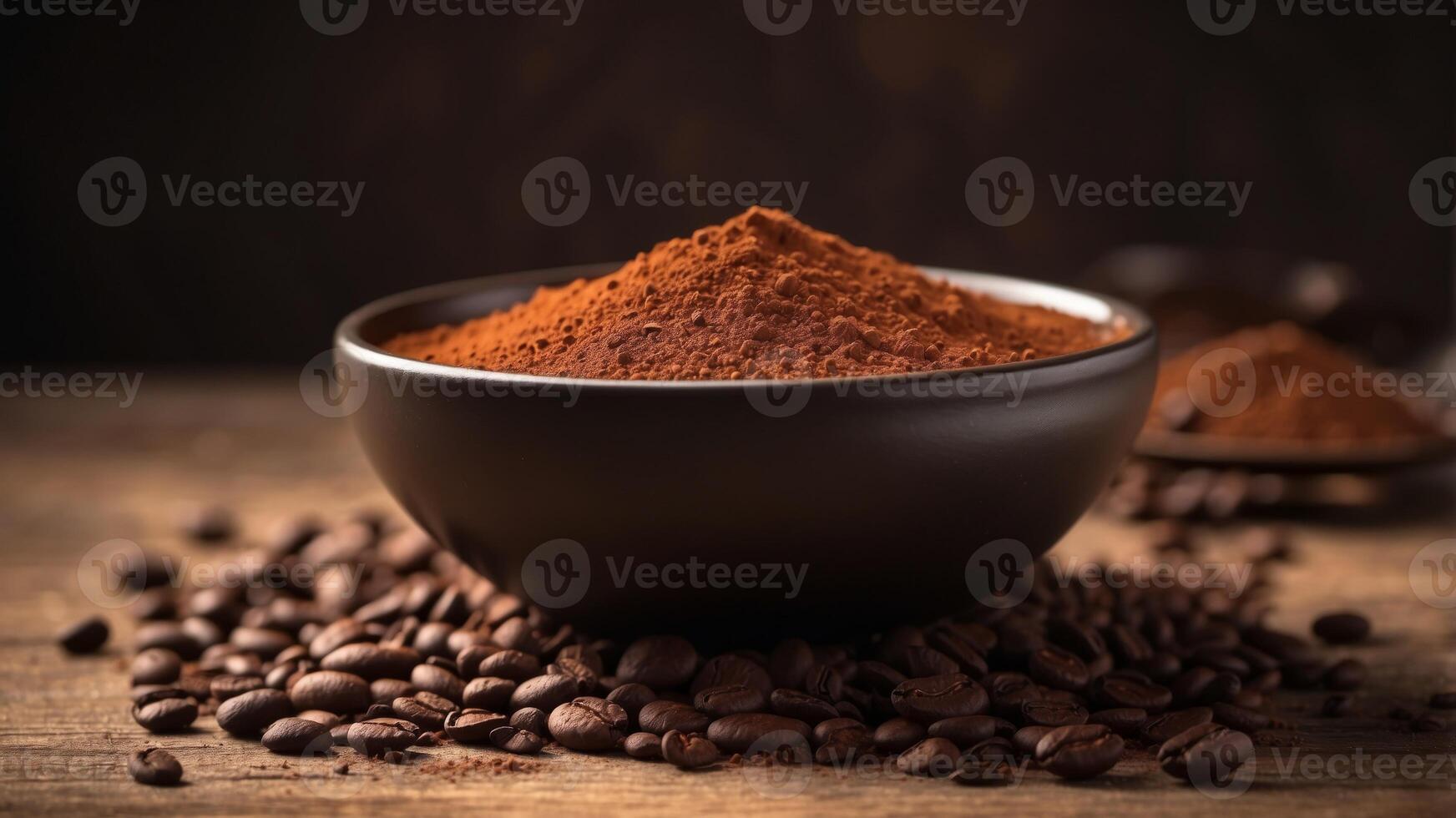 Bowl of cocoa powder surrounded by coffee beans on rustic table. photo