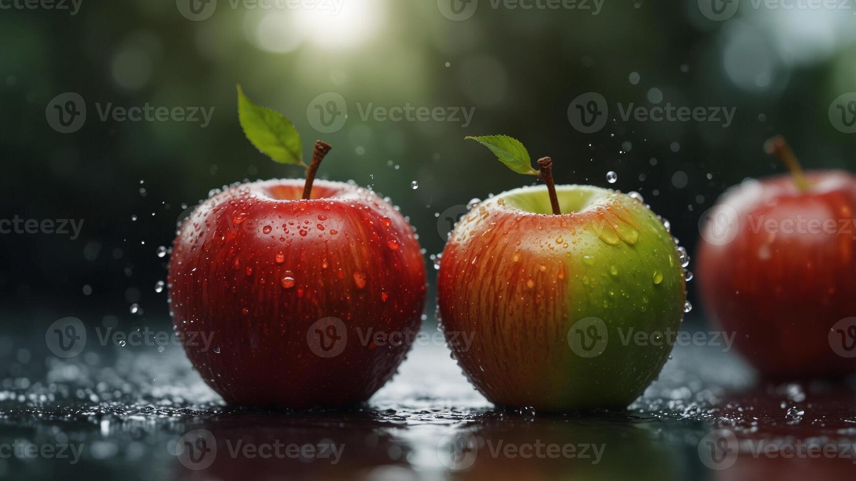 Two red apples with water splashes in motion. photo