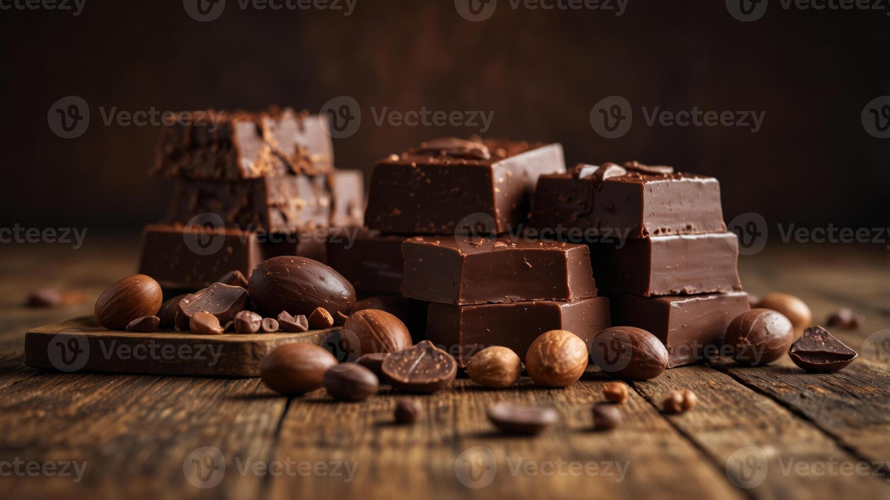 Various chocolate products with cocoa beans on a wooden table. photo