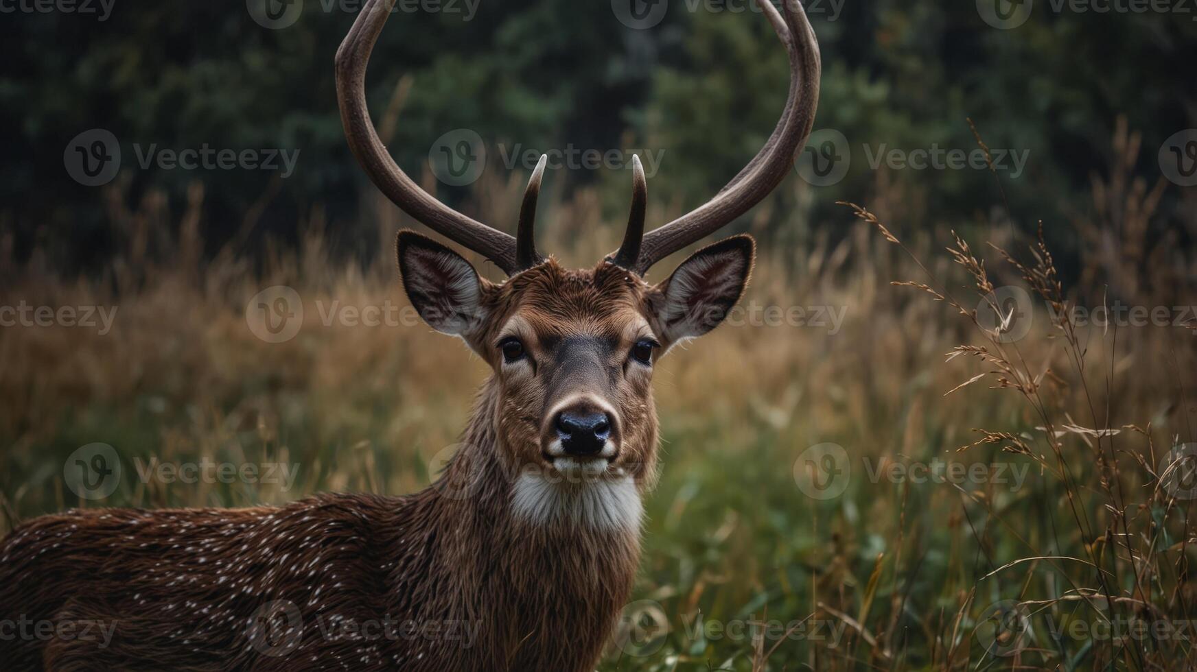 A tight shot of a deer's head amidst a sea of tall grasses Background populated by towering blades. photo