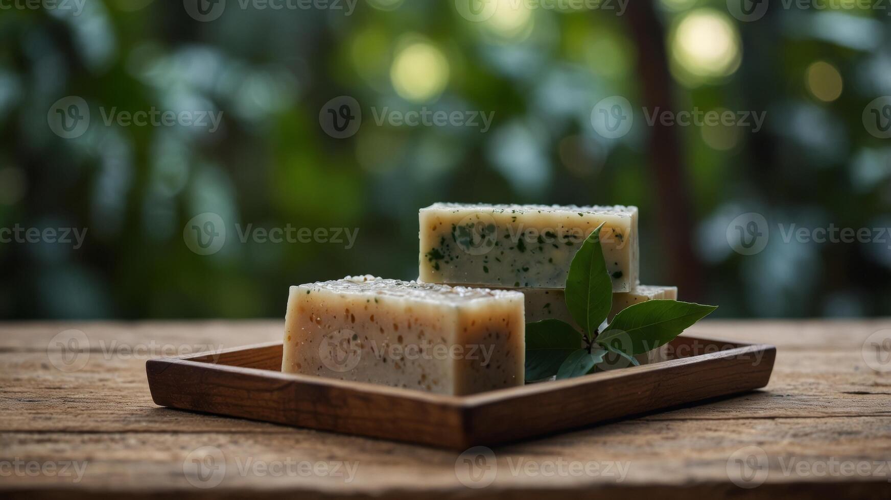 Natural soap bars on wooden tray with tropical leaves. photo