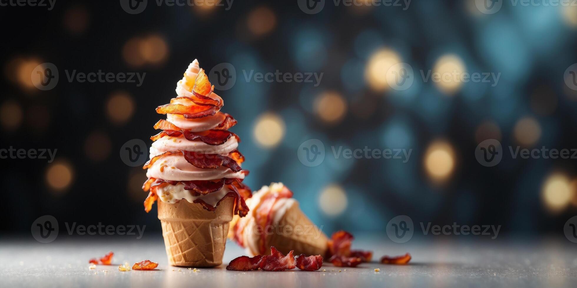 Creative ice cream cone full of crispy bacon slices Minimal food concept Copy space. photo