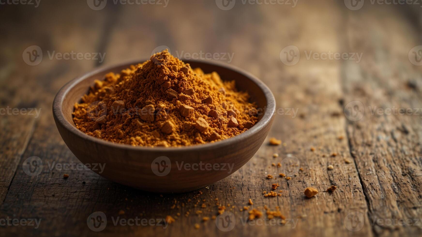 Bowl of vibrant curry powder on wooden board. photo