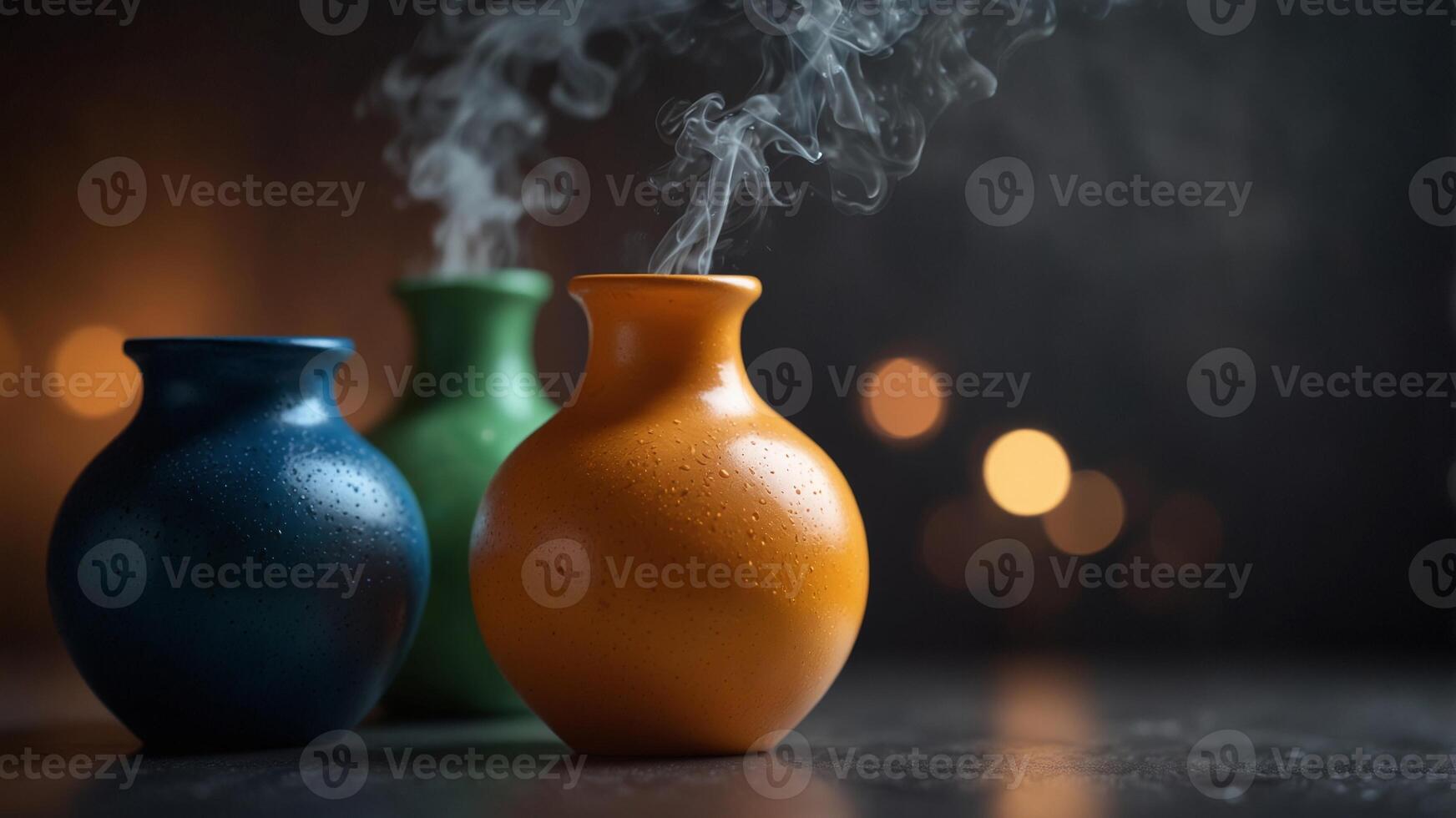 Colorful vases with smoke effect and dramatic lighting. photo