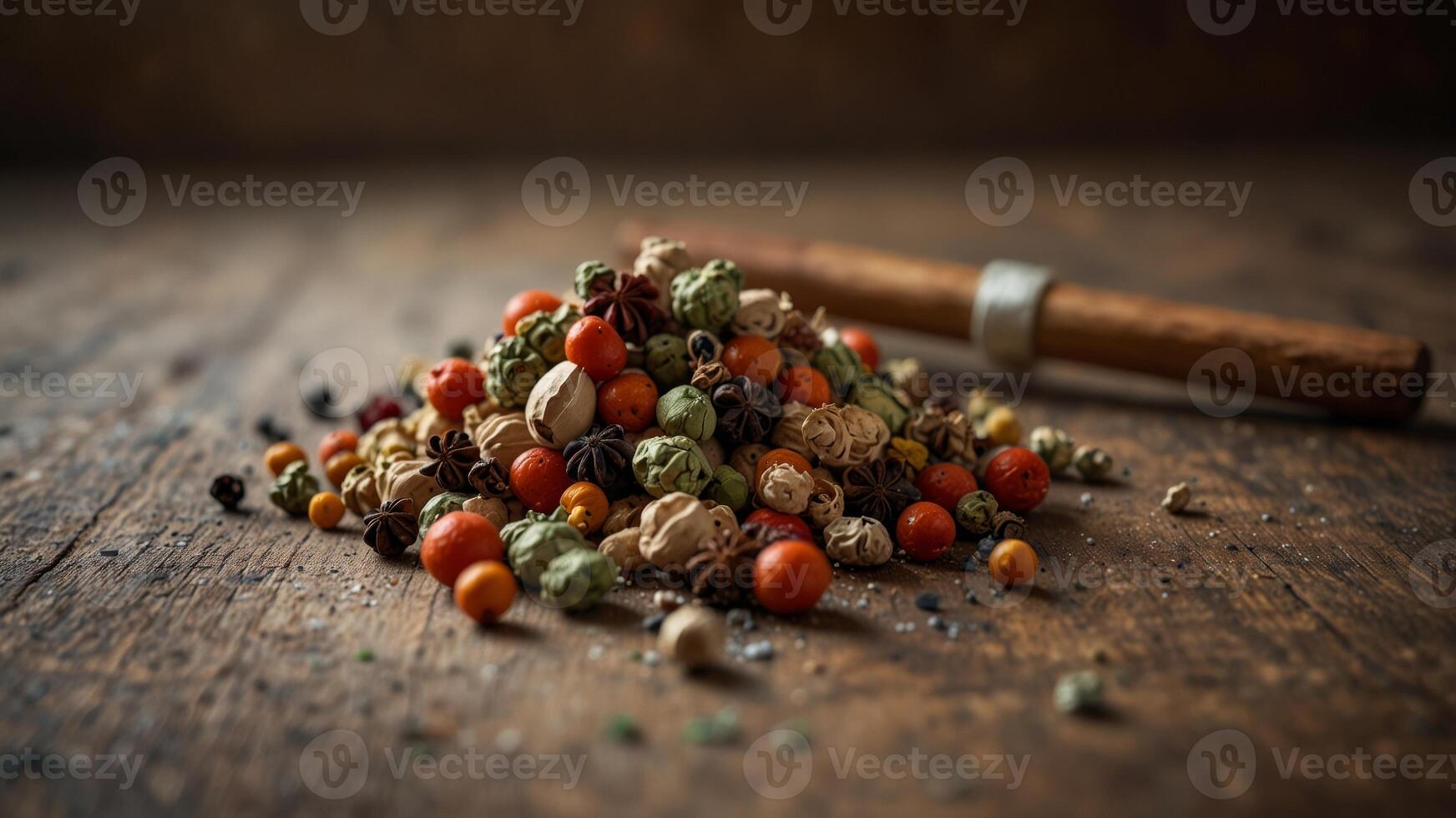 Bowl of dried spices and herbs on a rustic surface. photo