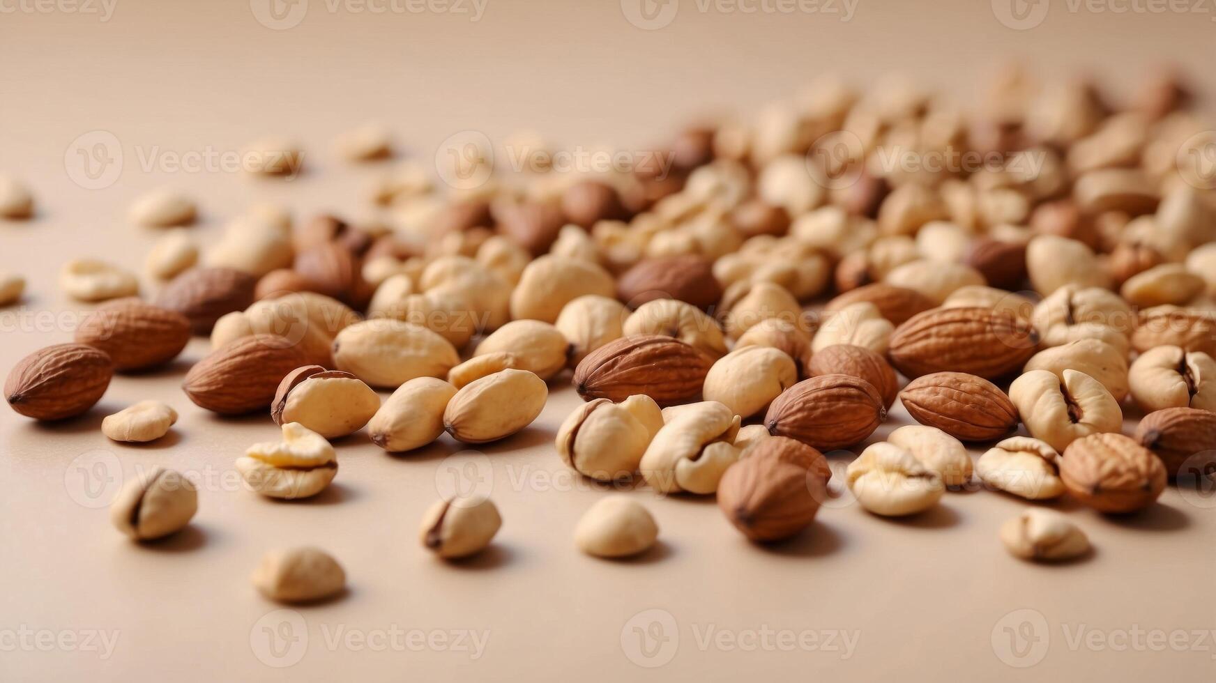 Mixed nuts on a beige background Minimal snack concept Brown and beige combination Top view. photo
