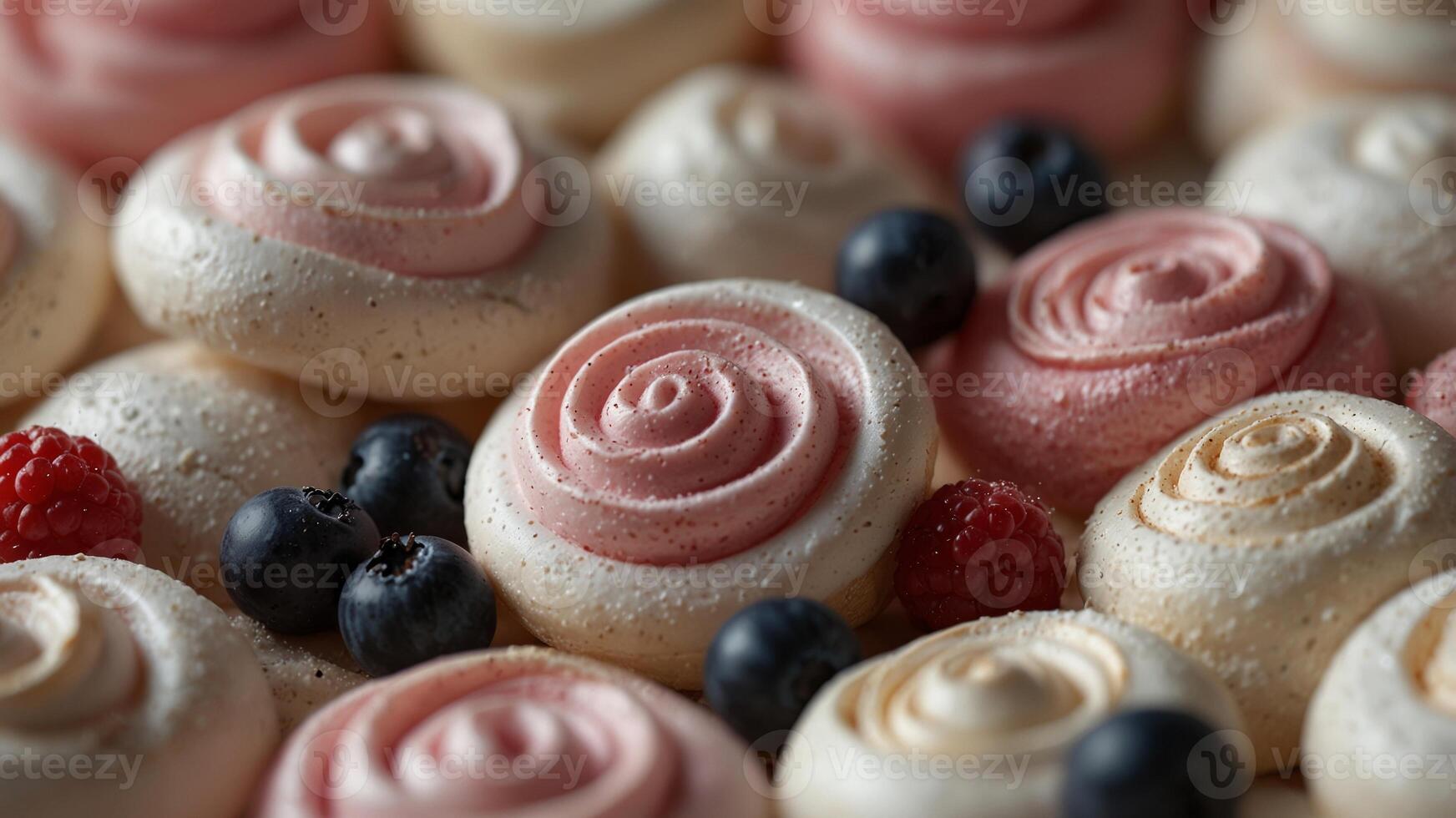 Pink and white meringue swirls with fresh berries. photo