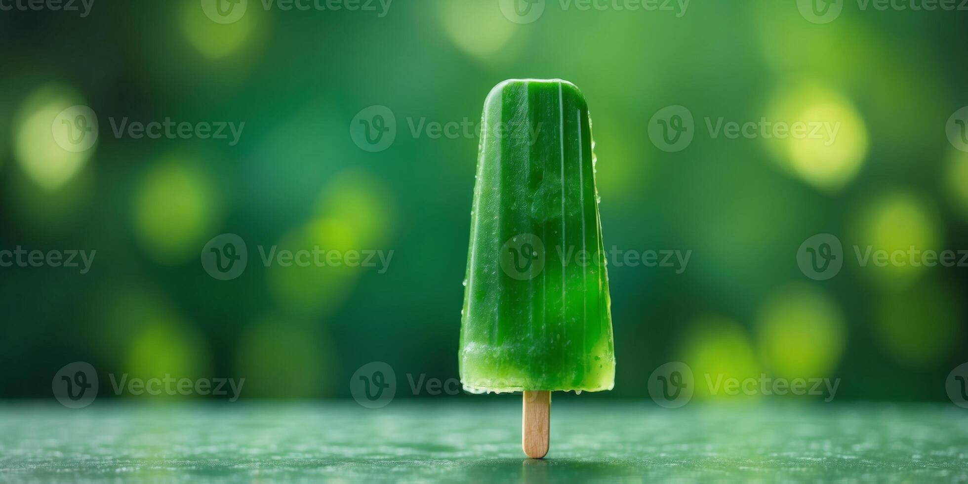 Green popsicle on a green background Vibrant and refreshing frozen treat. photo