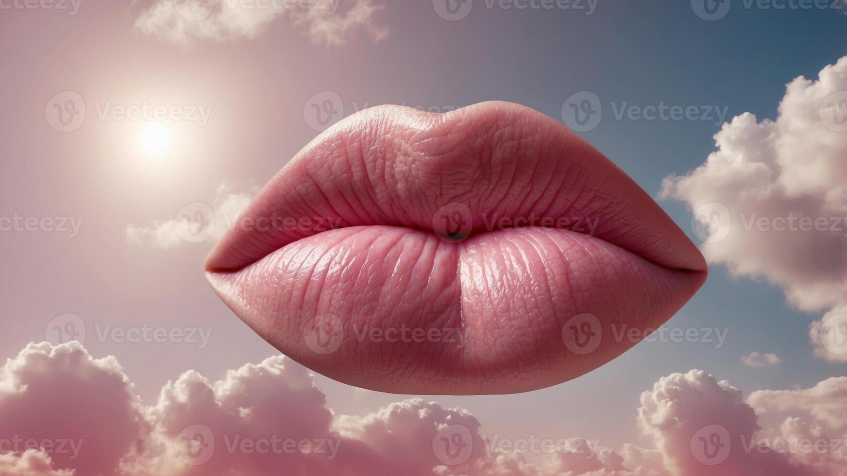 Pink lips in the sky and clouds Minimal creative concept Valentine's concept. photo