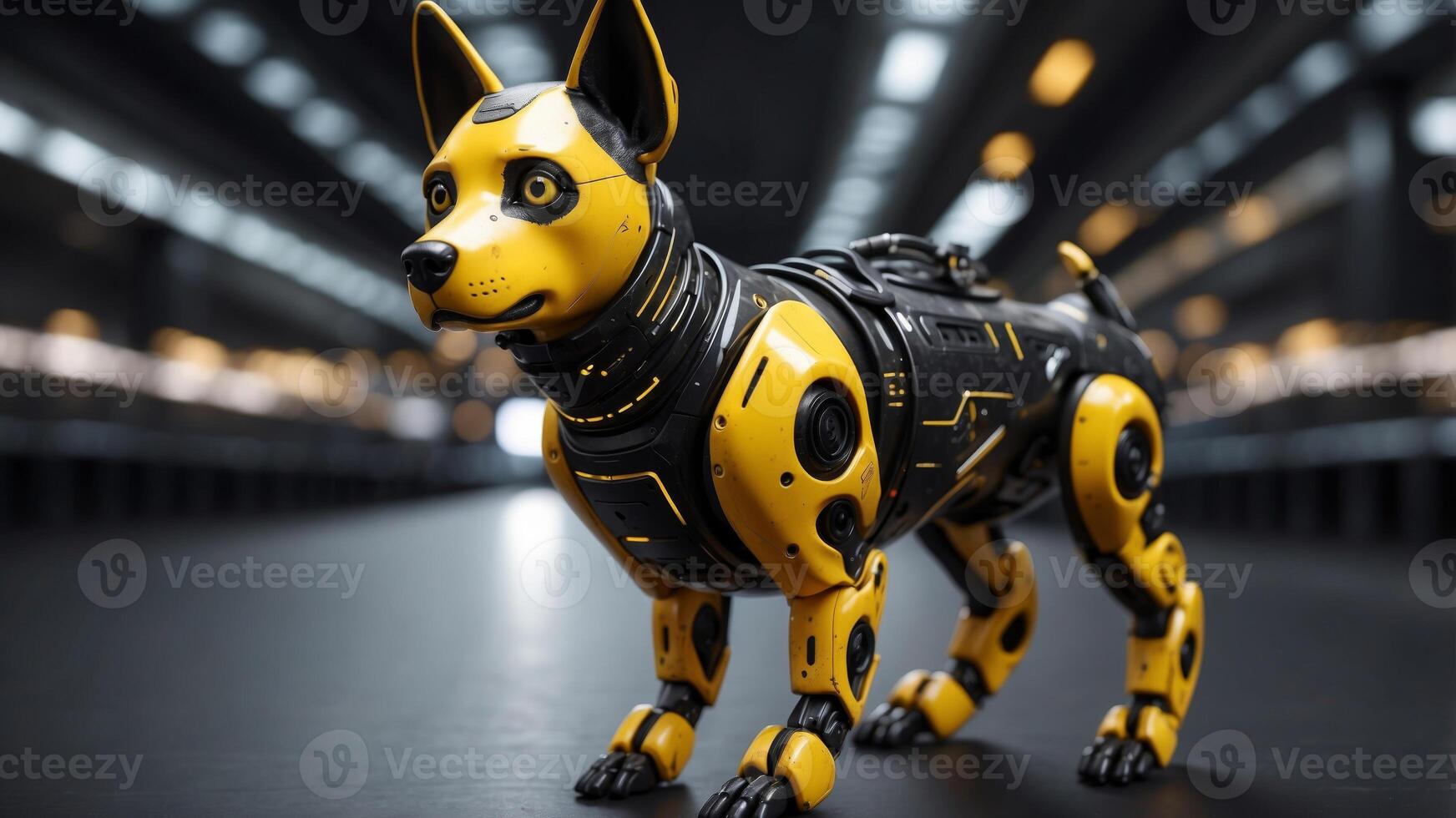 Black and yellow robot dog on black background. photo