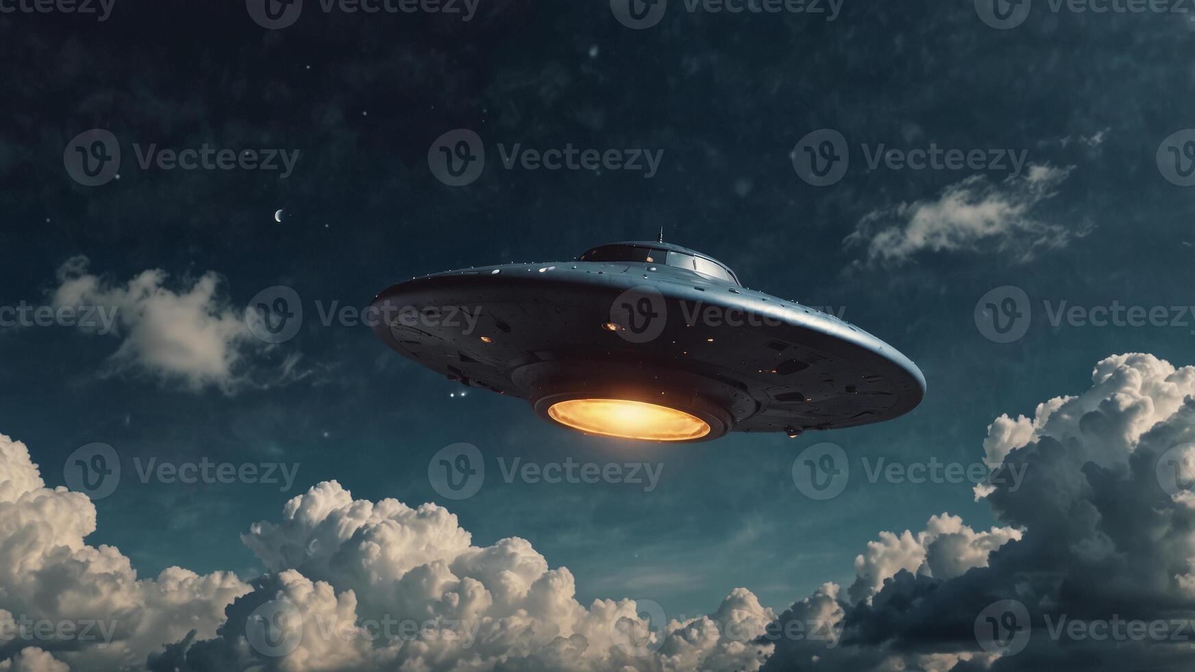A flying saucer in the clouds Science fiction UFOs. photo